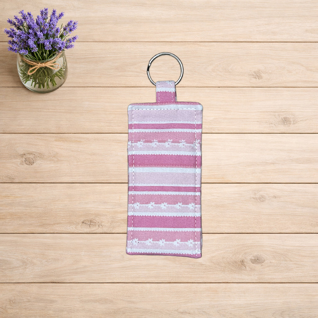 Pink & White Stripes Horizontal Lip Balm Holder Keychain