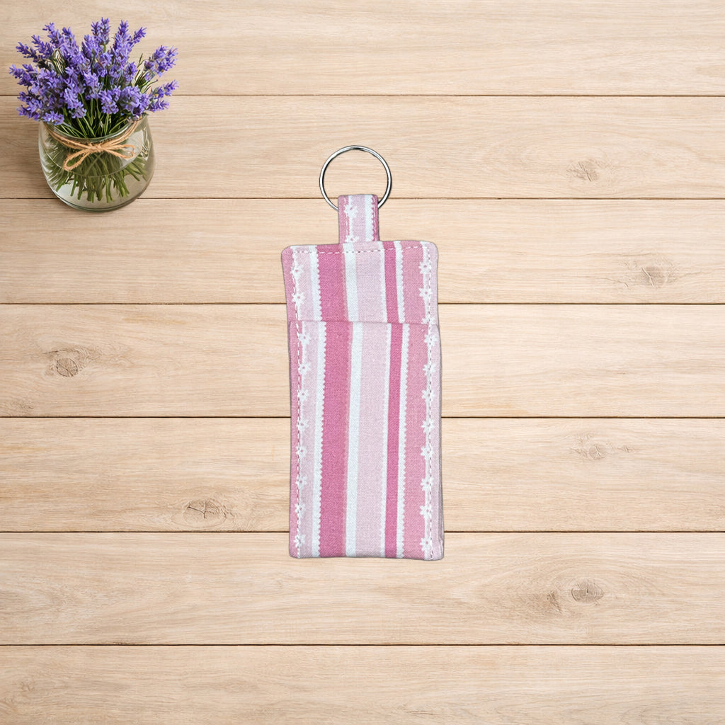 Pink & White Stripes Vertical Lip Balm Holder Keychain